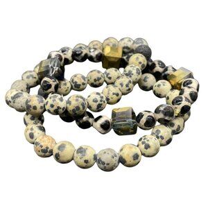 Dalmation Jasper & Lava Round Beaded Crystal Stretch Bangle Bracelet Set of Two